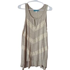 Buttons Womens Oatmeal Beige Chevron Crochet Lace Knit Tank Top Small Boho